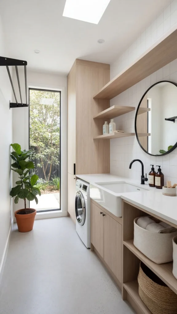 Bright minimalist laundry bathroom featuring natural wood cabinetry, white subway tile walls, round black mirror, white farmhouse sink, front-load washer, floating wooden shelves, and potted green ...
