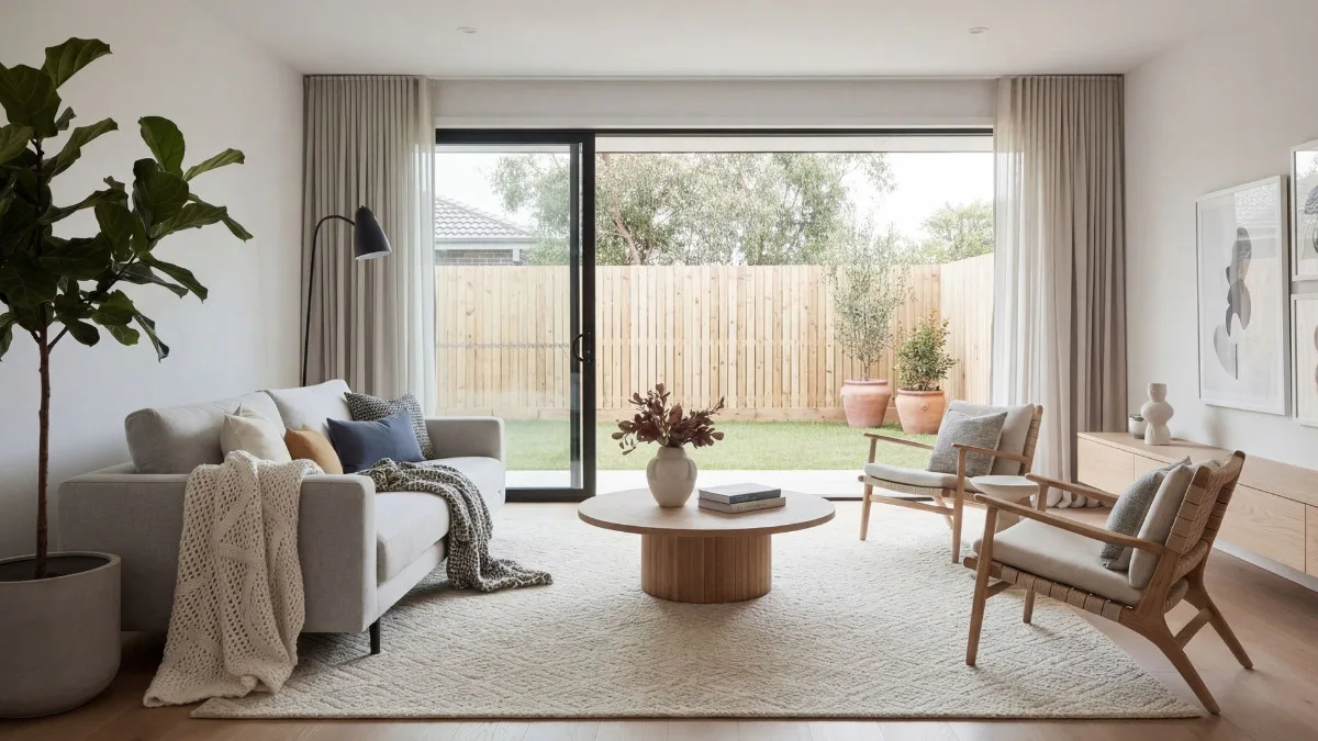Bright Scandinavian living room featuring a gray sectional sofa, wooden accent chairs, round white coffee table, large glass doors opening to a backyard with wooden fence, beige curtains, potted pl...