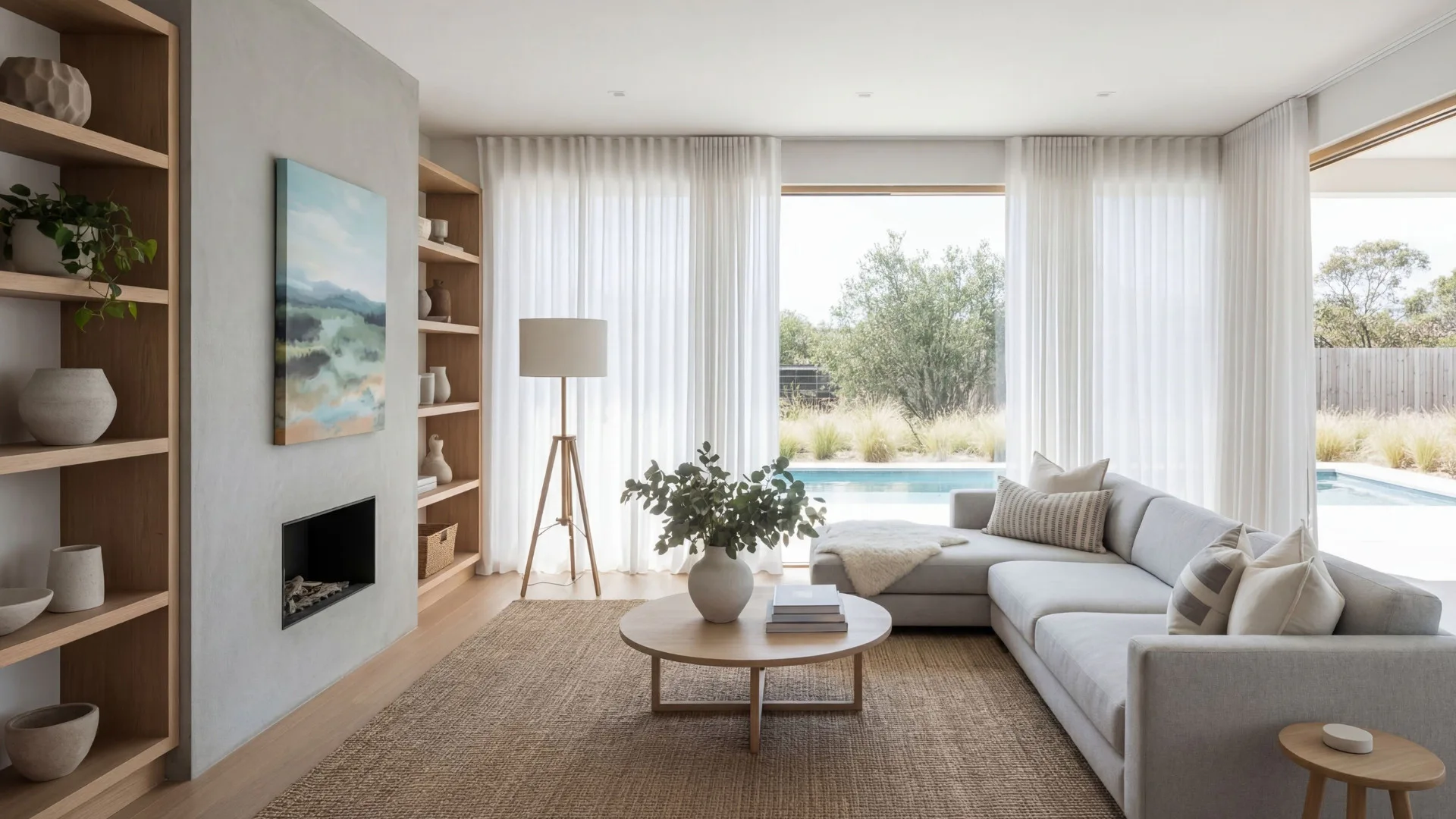 Bright Scandinavian living room with gray sectional sofa, wooden shelving unit with fireplace, tripod floor lamp, round wood coffee table, and floor-to-ceiling windows overlooking a swimming pool a...