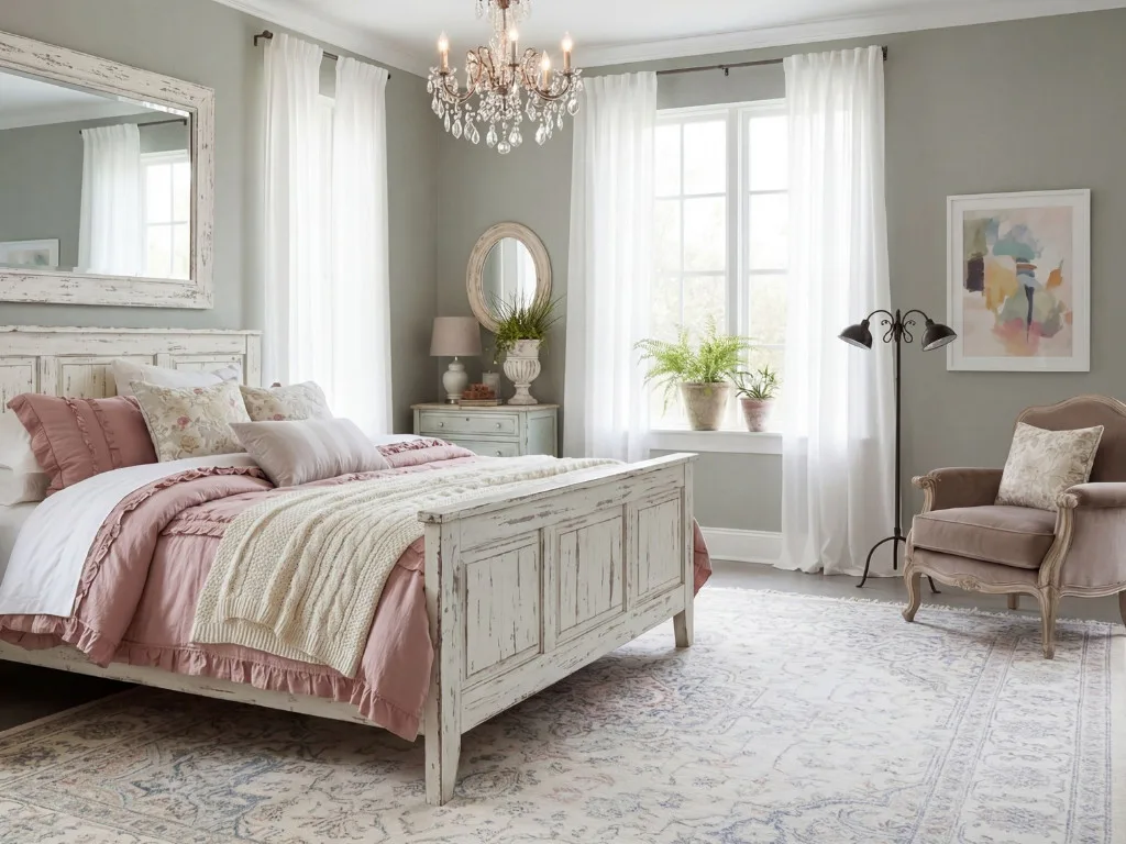 Elegant bedroom featuring whitewashed wooden bed with pink bedding, crystal chandelier, sage green walls, white sheer curtains, distressed furniture, potted plants on windowsill, and upholstered ar...