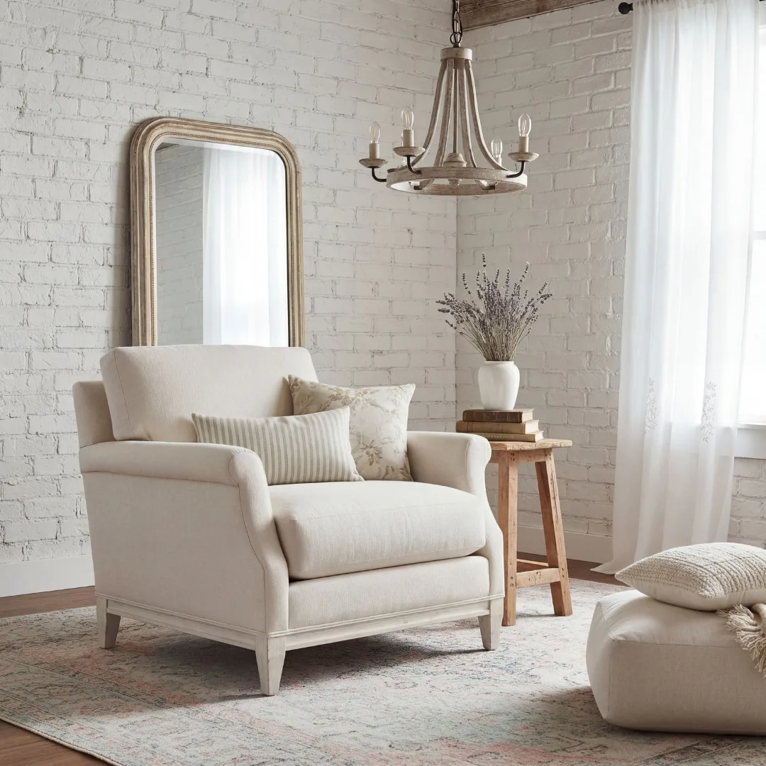 Cream upholstered armchair with rolled arms in a bright living room featuring white painted brick walls, framed mirror, chandelier, wooden side table with lavender arrangement, and sheer curtains.