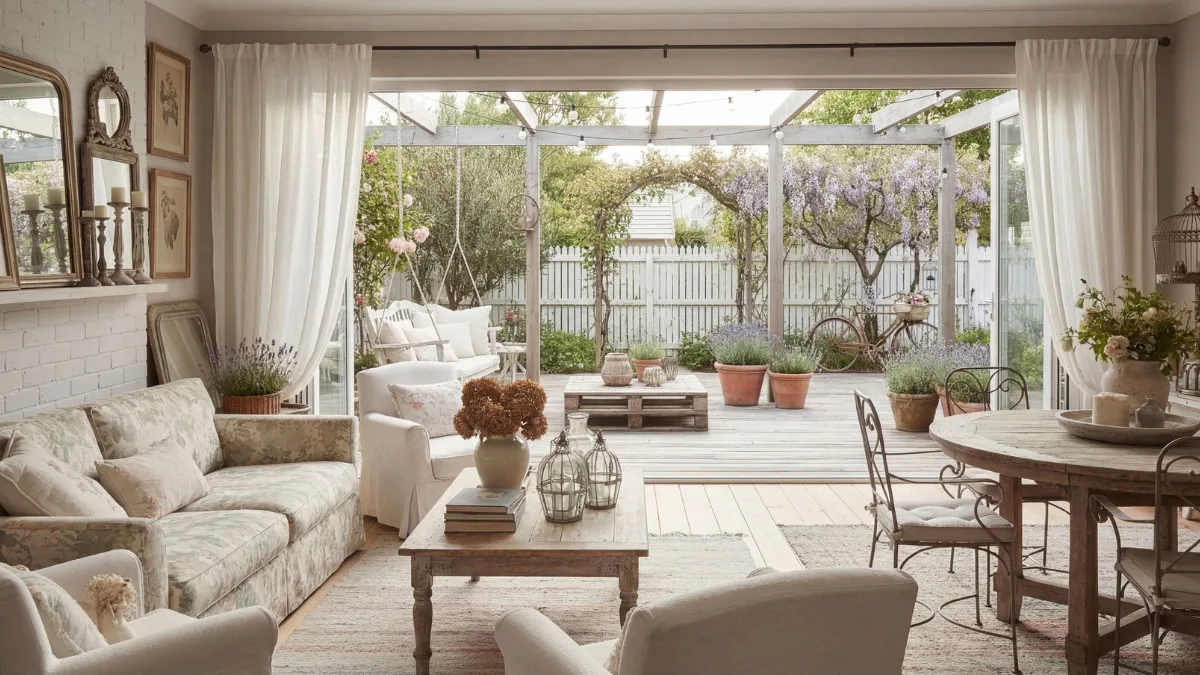 Bright sunroom with cream upholstered seating, vintage wooden furniture, flowing white curtains, and expansive glass doors opening to a garden with flowering wisteria vines and potted plants.
