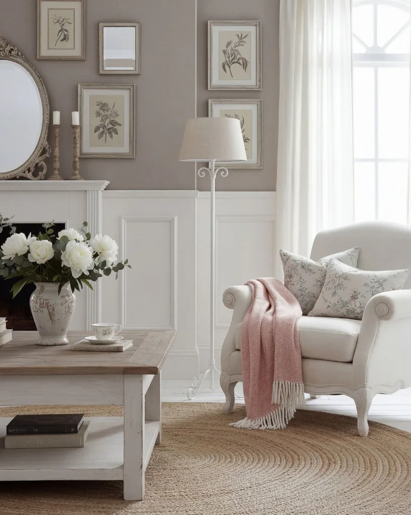 Elegant living room featuring a cream upholstered armchair with floral pillows, ornate round mirror above white fireplace mantle, botanical framed art on mauve walls, potted white flowers, and natu...