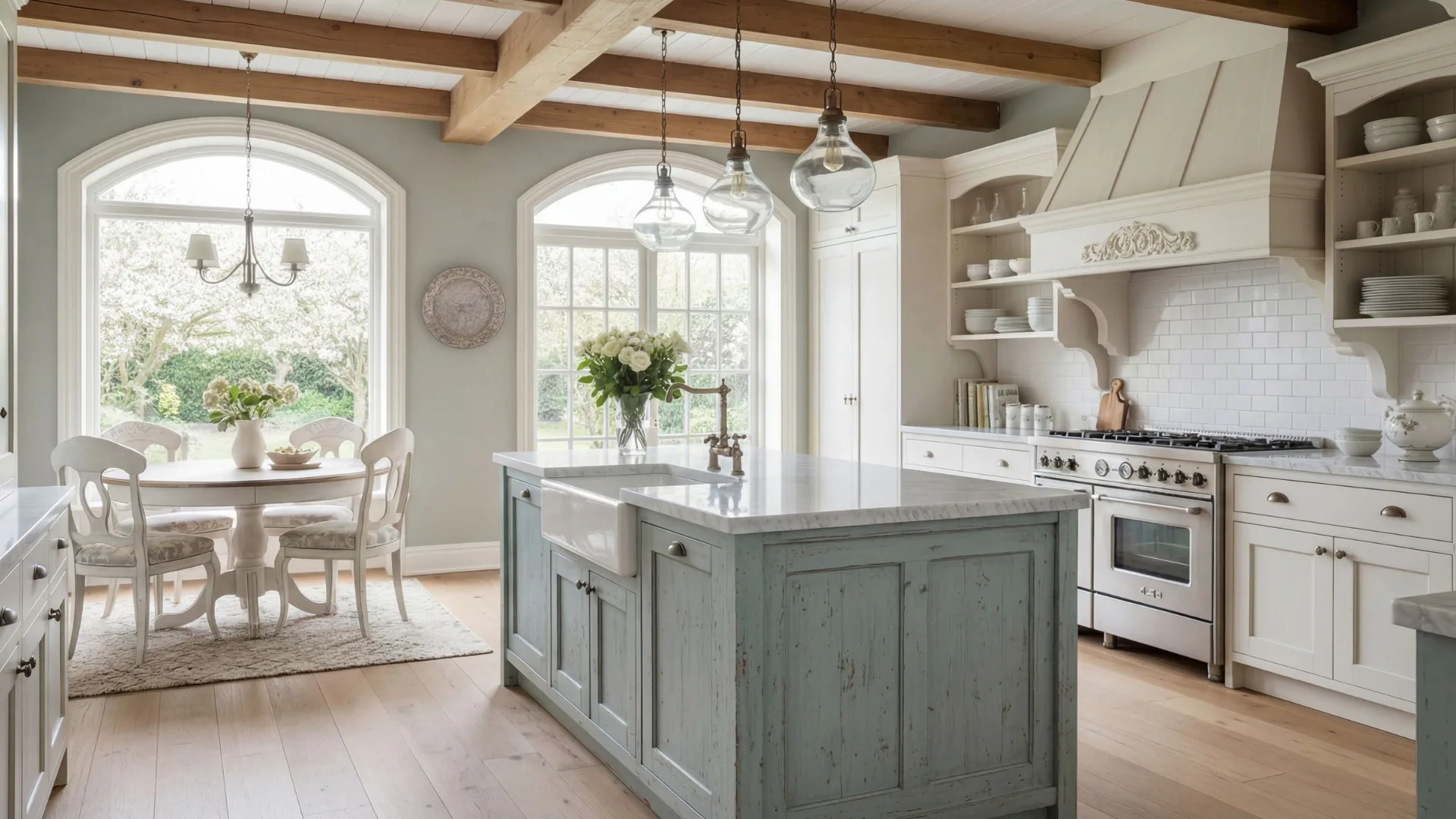 Open-concept kitchen featuring a weathered sage green island with marble countertop, white cabinetry, exposed wood beams, glass pendant lights, and arched windows overlooking garden views.