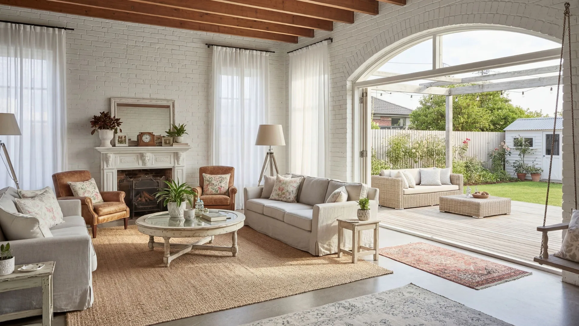 Bright living room with white brick walls, exposed wood beams, beige sofa, cognac leather chairs, round glass coffee table, fireplace with mantel, and large arched glass doors opening to garden pat...