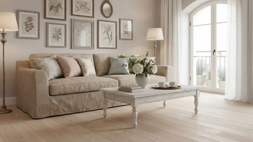 Elegant living room featuring a beige linen sofa with decorative pillows, whitewashed coffee table, botanical wall art gallery, brass floor lamp, and French doors with sheer curtains overlooking a ...