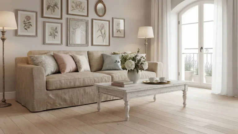 Elegant living room featuring a beige linen sofa with decorative pillows, whitewashed coffee table, botanical wall art gallery, brass floor lamp, and French doors with sheer curtains overlooking a ...