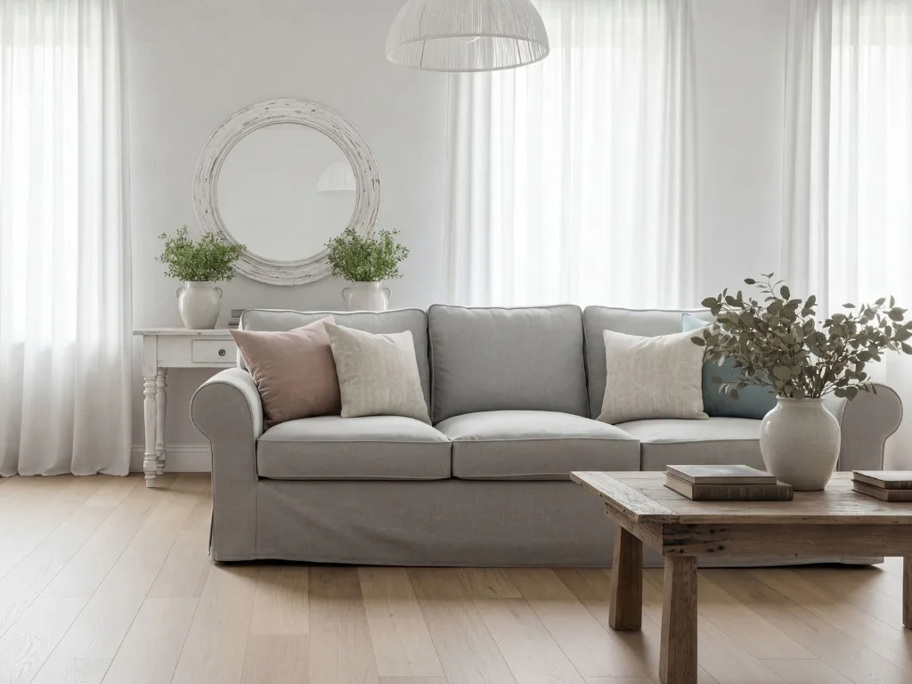 Bright living room featuring a gray upholstered sofa with decorative pillows, wooden coffee table, white console table with potted plants, round mirror, and white pendant light fixture
