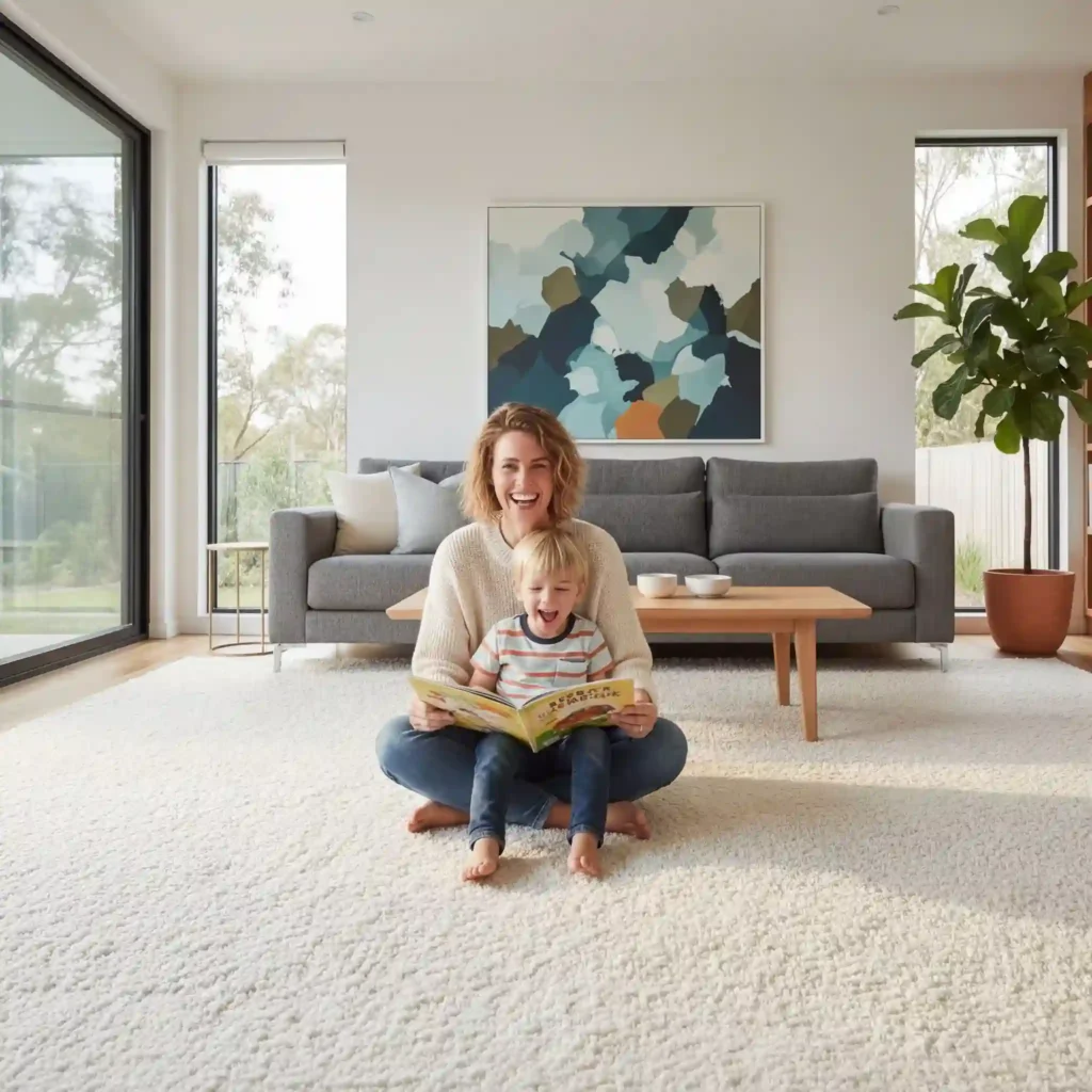 Mother and young child sitting cross-legged on a cream-colored area rug, reading a colorful picture book together in a bright modern living room with gray sofa and large windows
