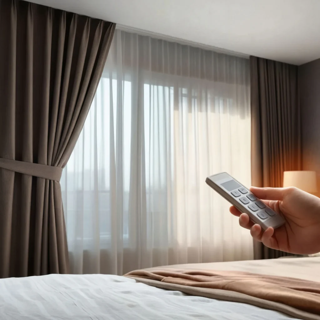 Hand holding a white remote control to operate automated curtains in a modern bedroom with layered gray curtains over sheer white panels and warm lighting