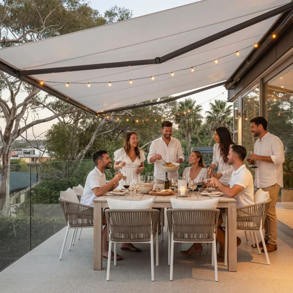 Group of six friends enjoying dinner under a retractable outdoor awning with warm string lights, seated around modern dining table on covered patio