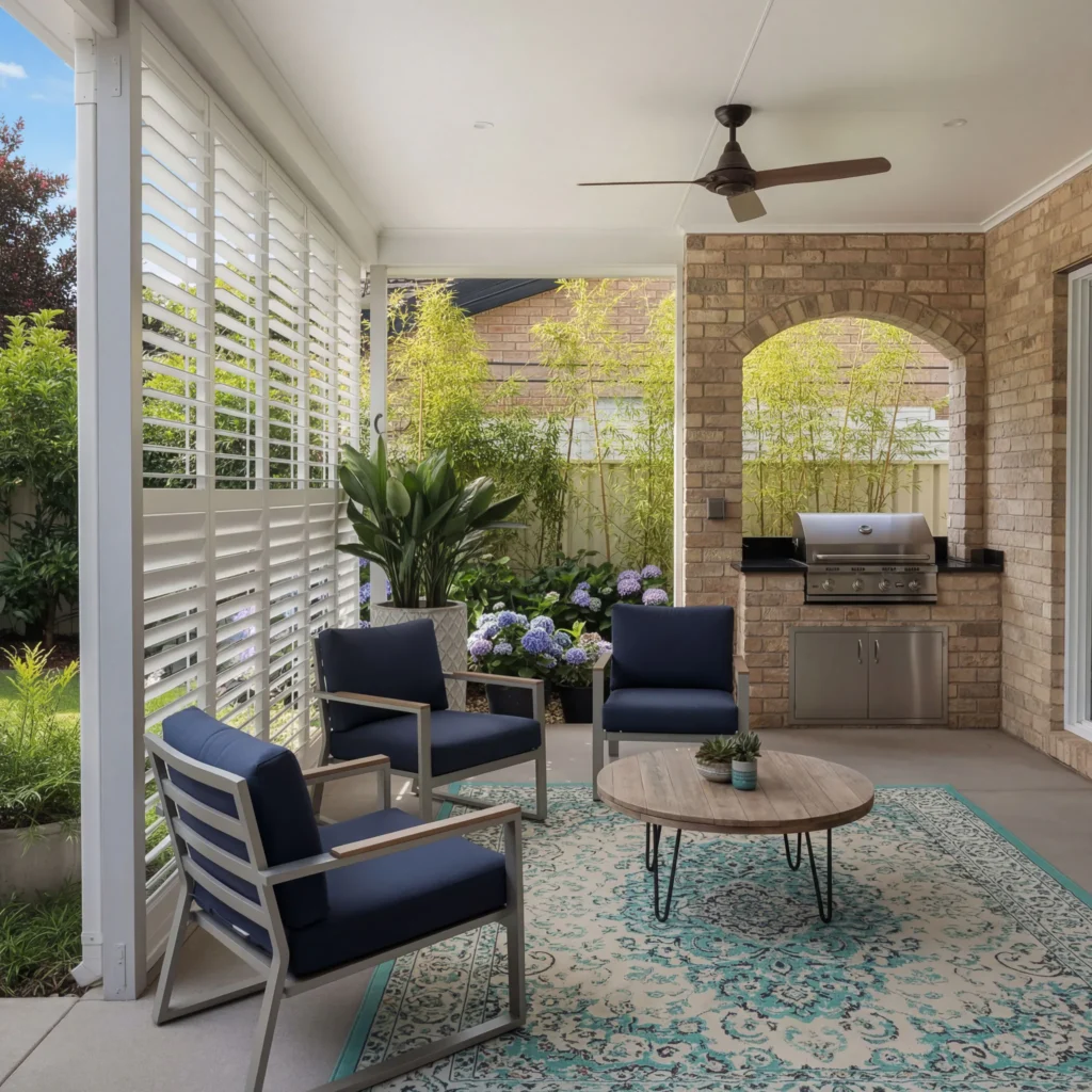 Contemporary covered patio featuring three navy upholstered lounge chairs, round wooden coffee table, patterned turquoise area rug, built-in brick grill, flowering hydrangeas, and white louvered pr...