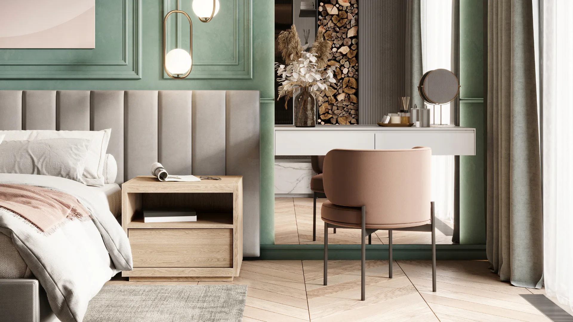 Luxurious modern bedroom suite with sage green walls, upholstered headboard, wooden nightstand, and separate vanity area featuring a pink curved chair, white desk, and decorative florals