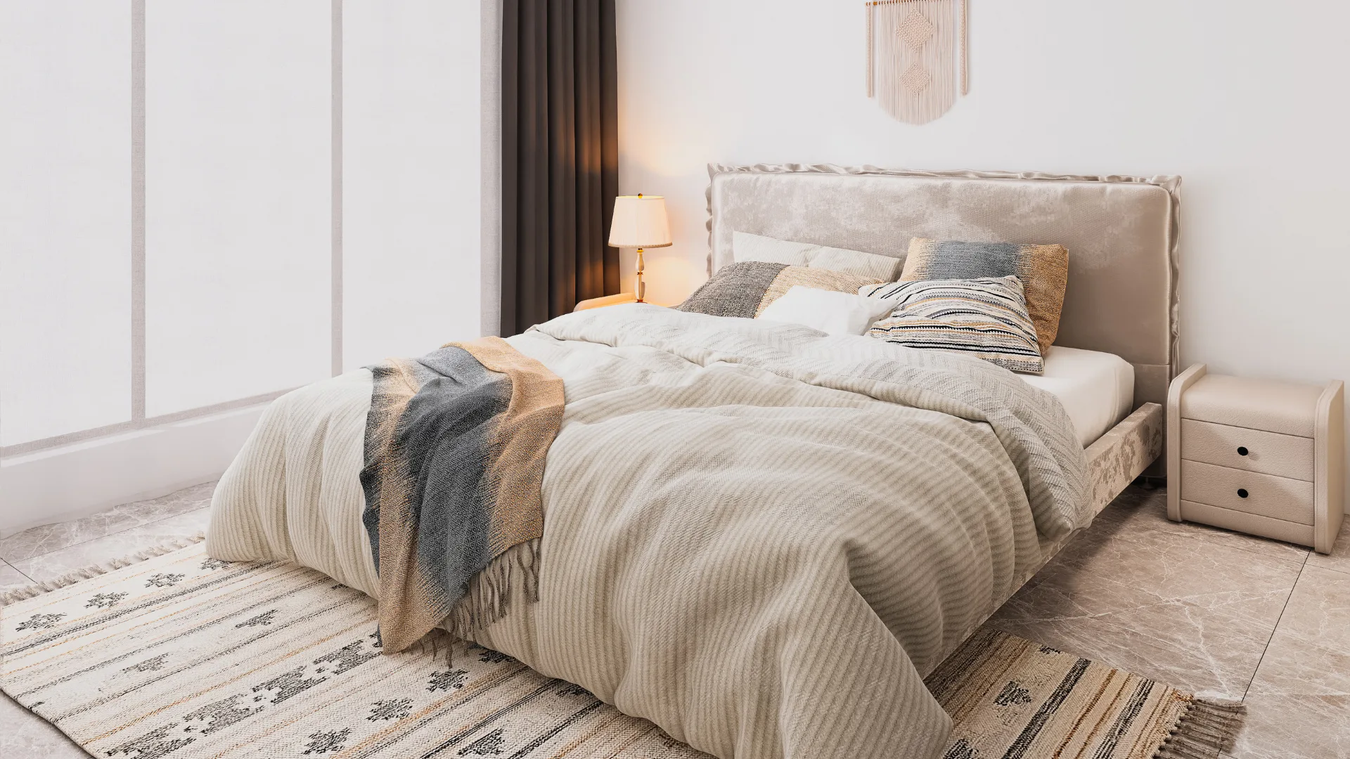 Spacious bedroom featuring a beige upholstered bed with striped bedding, layered throw pillows, and textured throws. Soft lighting from a bedside lamp, sheer curtains, wall-mounted macramé décor, a...