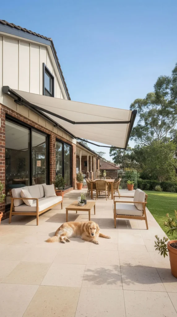 Beige retractable awning extends over modern patio furniture including teak sectional sofa, coffee table and dining set on stone tiles, with golden retriever lying on patio and brick house in backg...