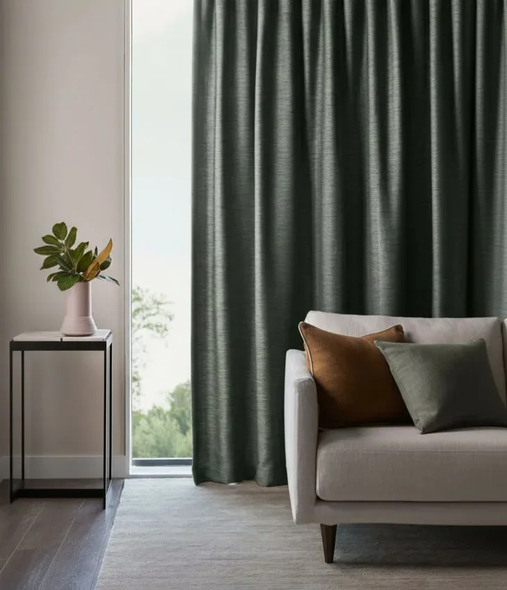 Elegant sage green blockout curtains hanging in a modern living room with white sofa, brown throw pillows, side table with plant, and natural light filtering through window