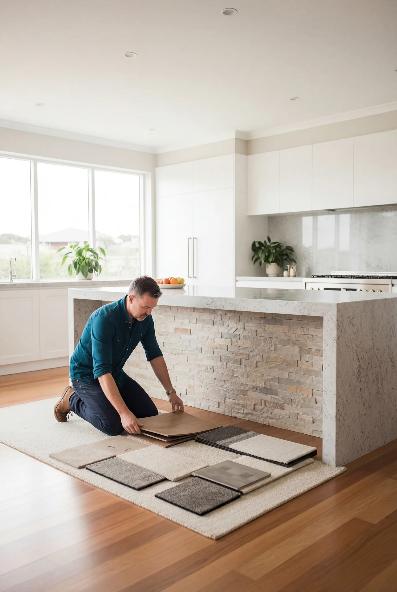 A man in a blue shirt kneels on a cream rug, examining and comparing multiple carpet and flooring samples in various neutral tones spread across a modern kitchen island with brick accent wall.