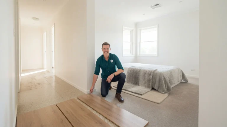 Professional flooring expert crouching in a bright bedroom, gesturing toward wood and carpet flooring samples laid out on the floor, demonstrating different flooring materials.