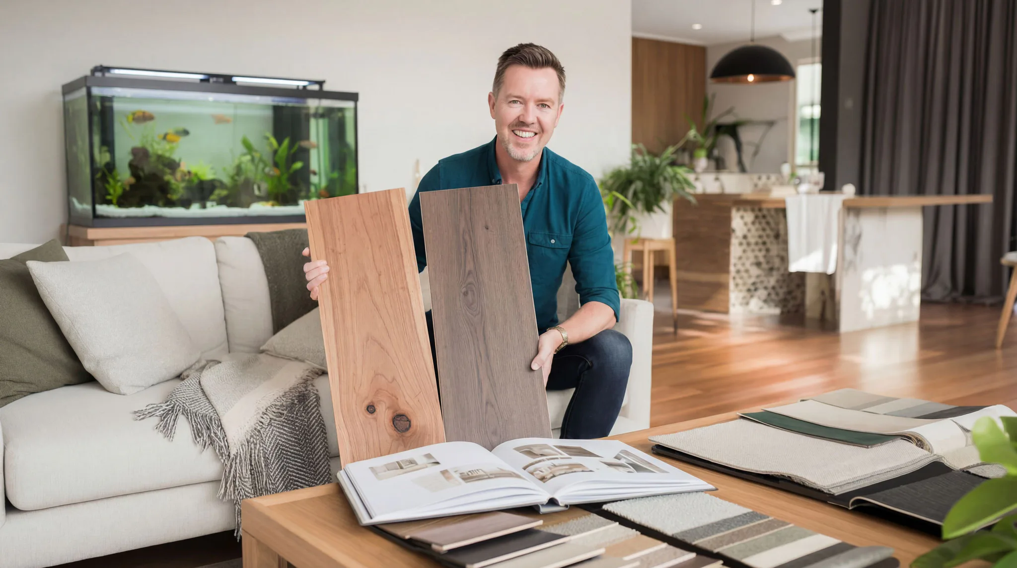 Male flooring expert in teal shirt crouching in modern living room, holding two wood floor samples with open design catalog and material swatches on wooden table in foreground