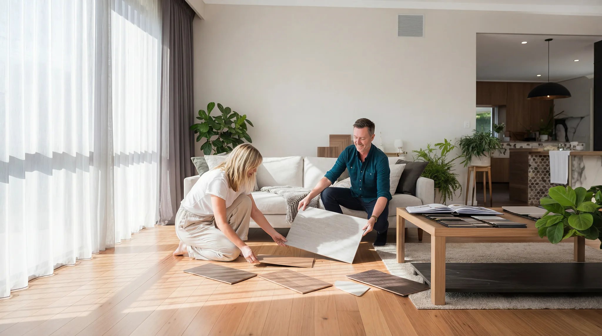 Woman and man reviewing flooring samples in a modern living room with wood floors, discussing carpet options and home design selections together.