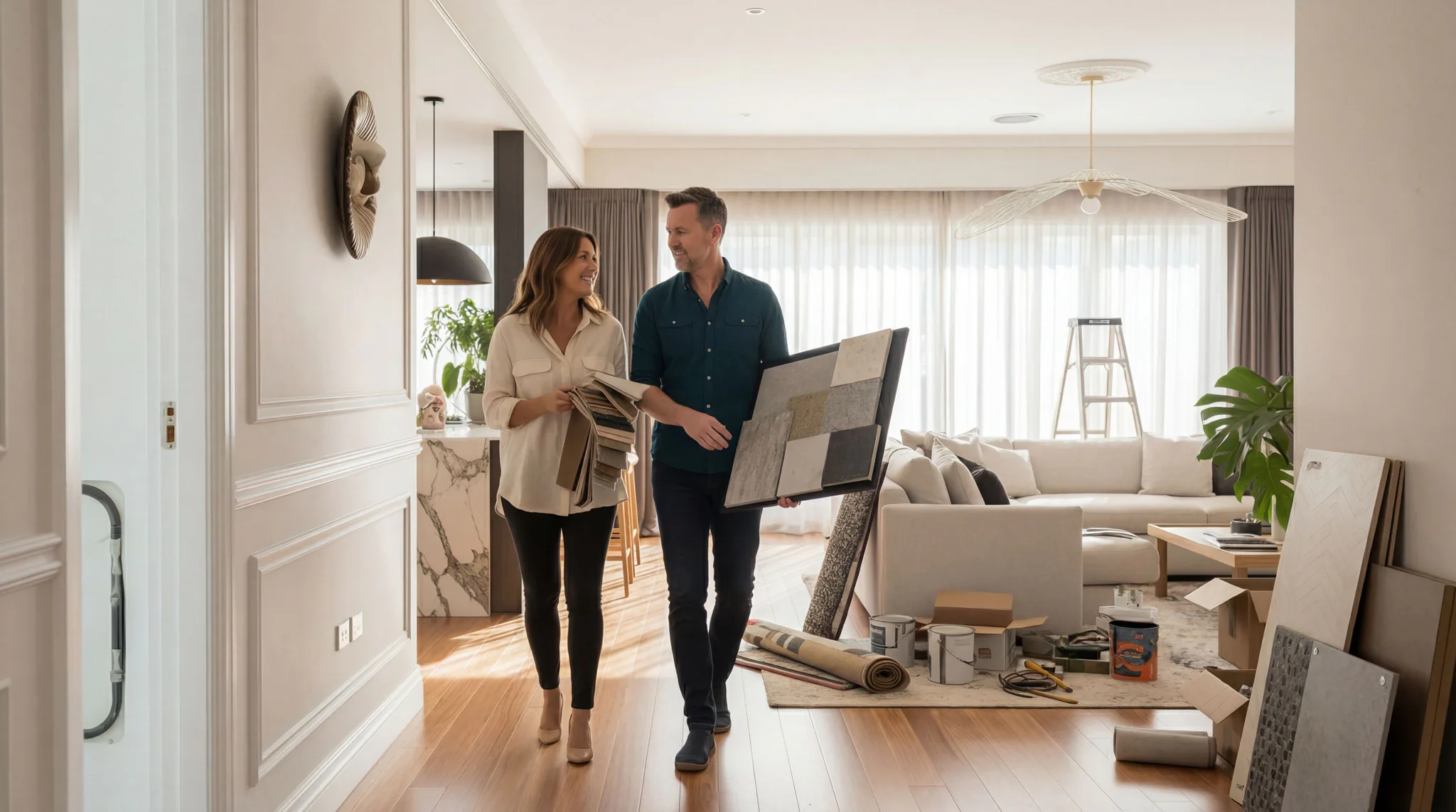 A man and woman review flooring material samples together in a bright, modern living room with hardwood floors, cream furnishings, and natural lighting from large windows.
