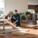 Two professionals reviewing flooring samples and materials with a homeowner in a bright, modern living room with hardwood floors and large windows overlooking trees.