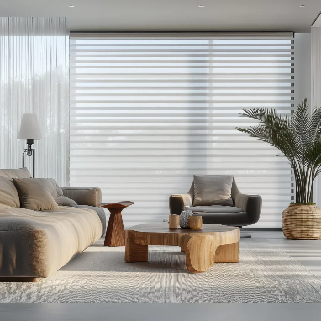 Contemporary living room featuring white horizontal sheer roller blinds, curved gray sofa, organic wooden coffee table, beige lounge chair, potted palm plant, and minimalist decor with natural ligh...