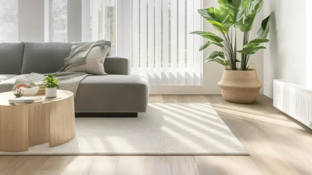 Bright modern living room featuring a gray sectional sofa, wooden round coffee table, woven basket with green plant, and vertical striped sheer curtains allowing natural light and window views.