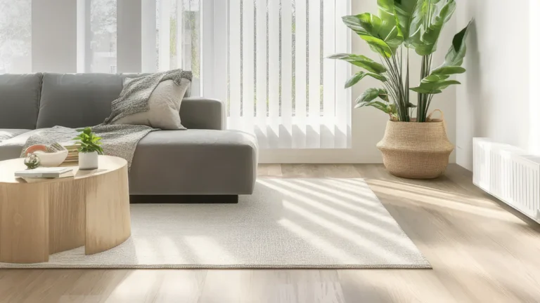 Bright modern living room featuring a gray sectional sofa, wooden round coffee table, woven basket with green plant, and vertical striped sheer curtains allowing natural light and window views.