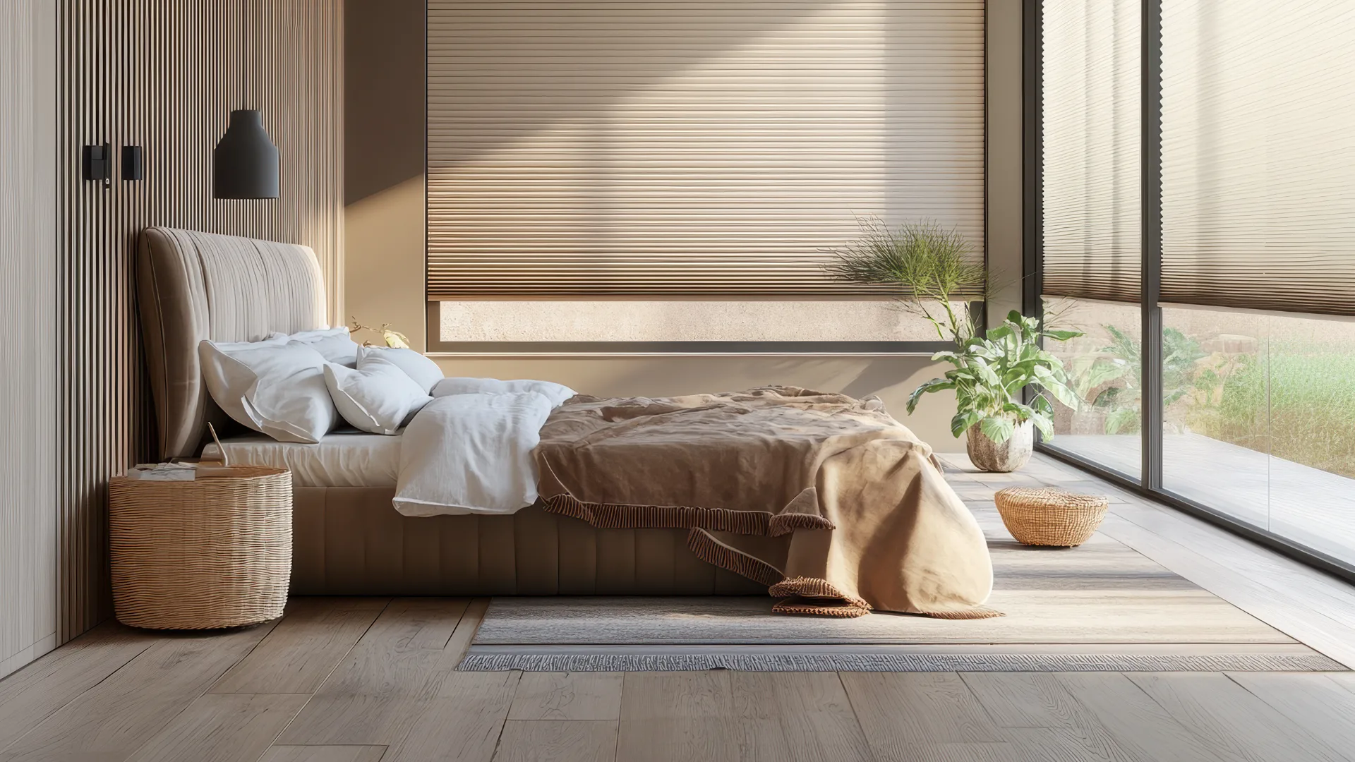 Contemporary bedroom featuring a dark upholstered bed with white pillows, beige throw blanket, woven basket nightstand, black pendant lamp, and large windows with horizontal roller shades filtering...