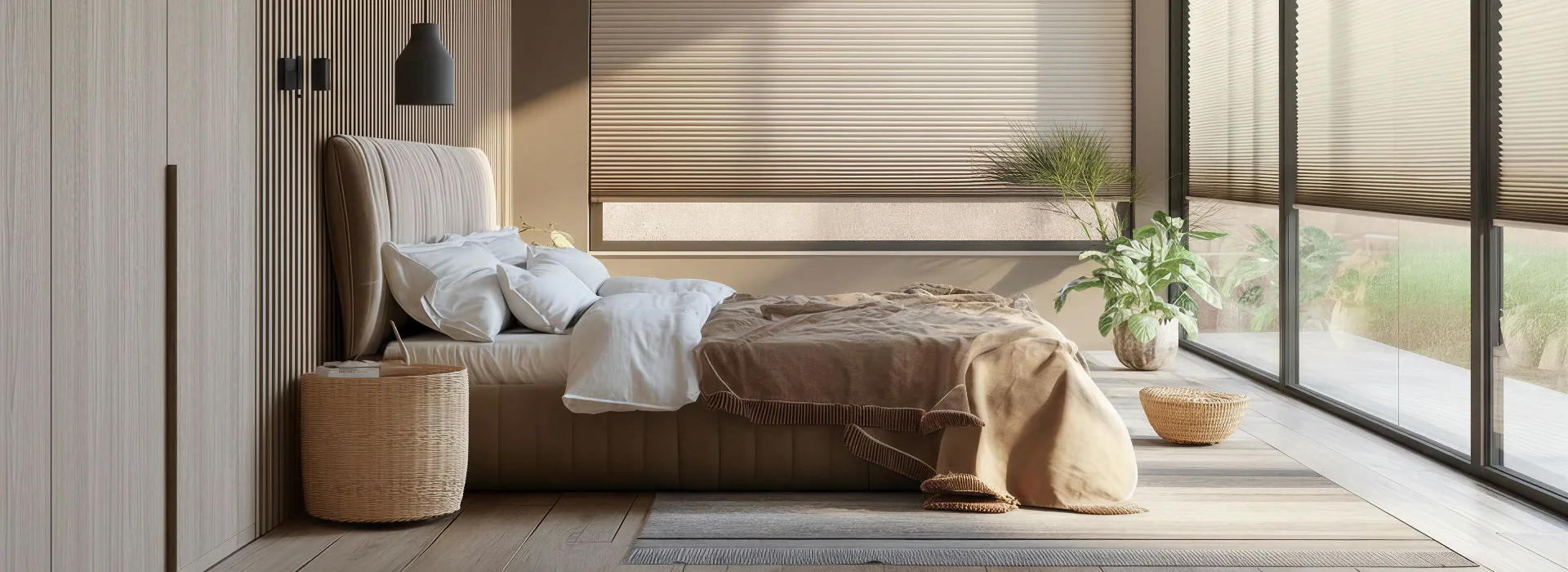 Contemporary bedroom featuring a bed with striped headboard and white pillows, viewed through large windows with honeycomb cellular shades filtering natural light, minimalist decor with potted plants.