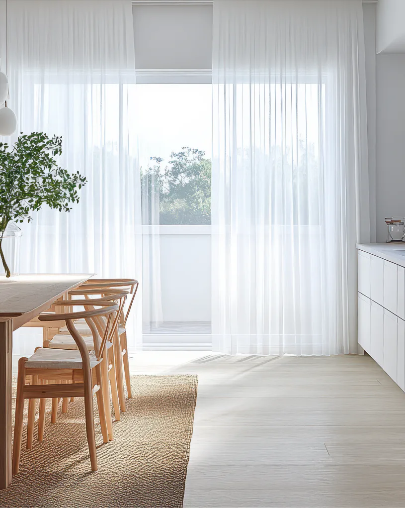 Bright dining room featuring wooden chairs at a table, white sheer curtains filtering natural light, potted green plant, light wood flooring, and neutral decor creating an airy summer aesthetic.
