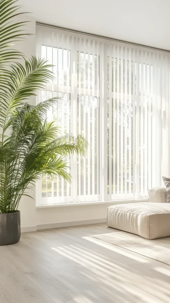 Bright, minimalist interior with white vertical blinds covering large windows, a potted green palm plant in dark container on left, cream-colored pouf on beige rug, and light wooden flooring creati...