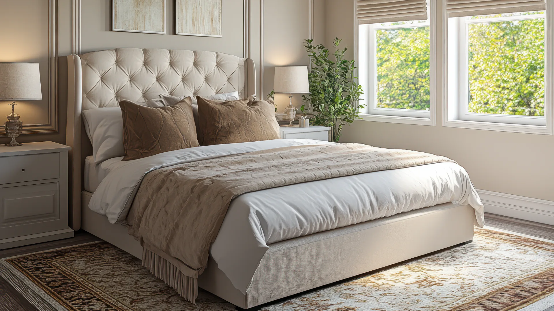 Bright bedroom with cream tufted headboard, layered neutral bedding, twin nightstands with lamps, potted plant, and large windows overlooking green foliage