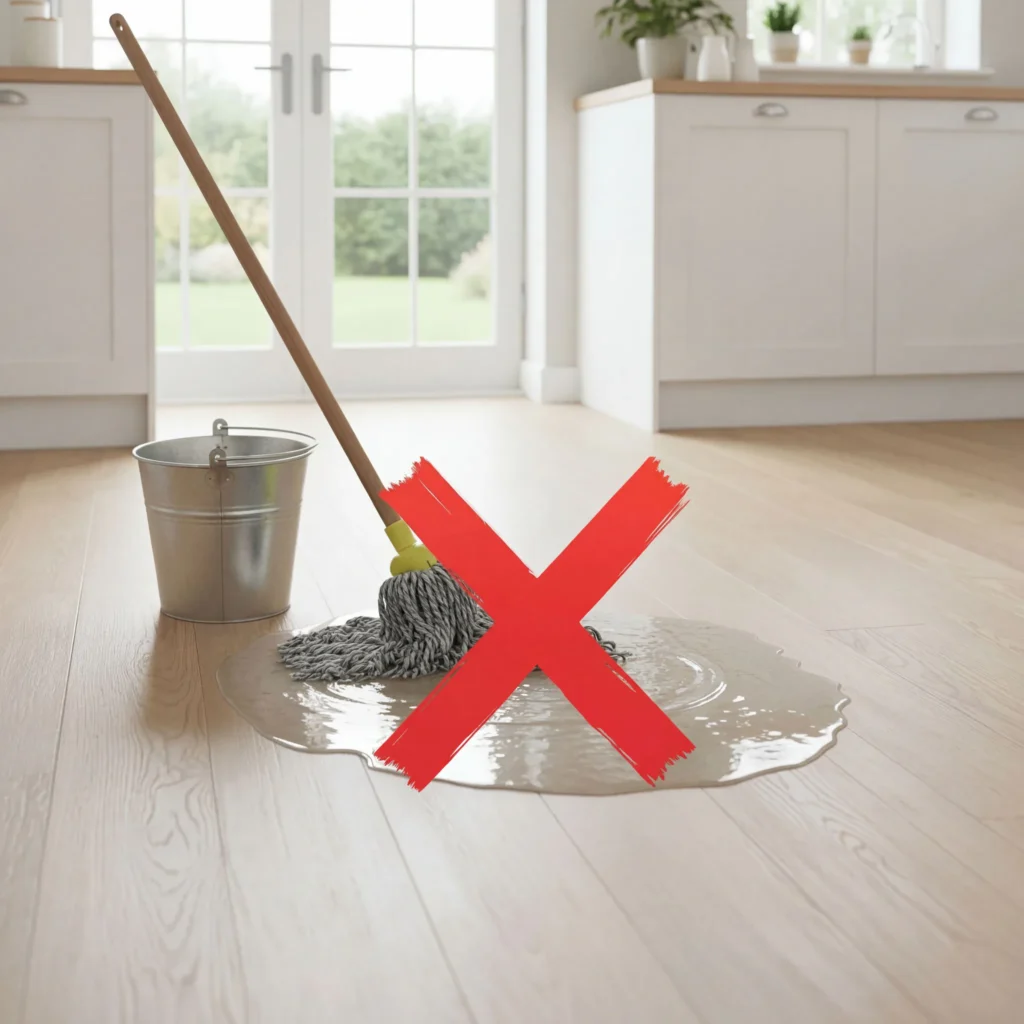 A wet mop with gray strands and wooden handle sits next to a metal bucket on a hardwood floor, with a large red X marking pooled water, illustrating improper wet mopping technique.