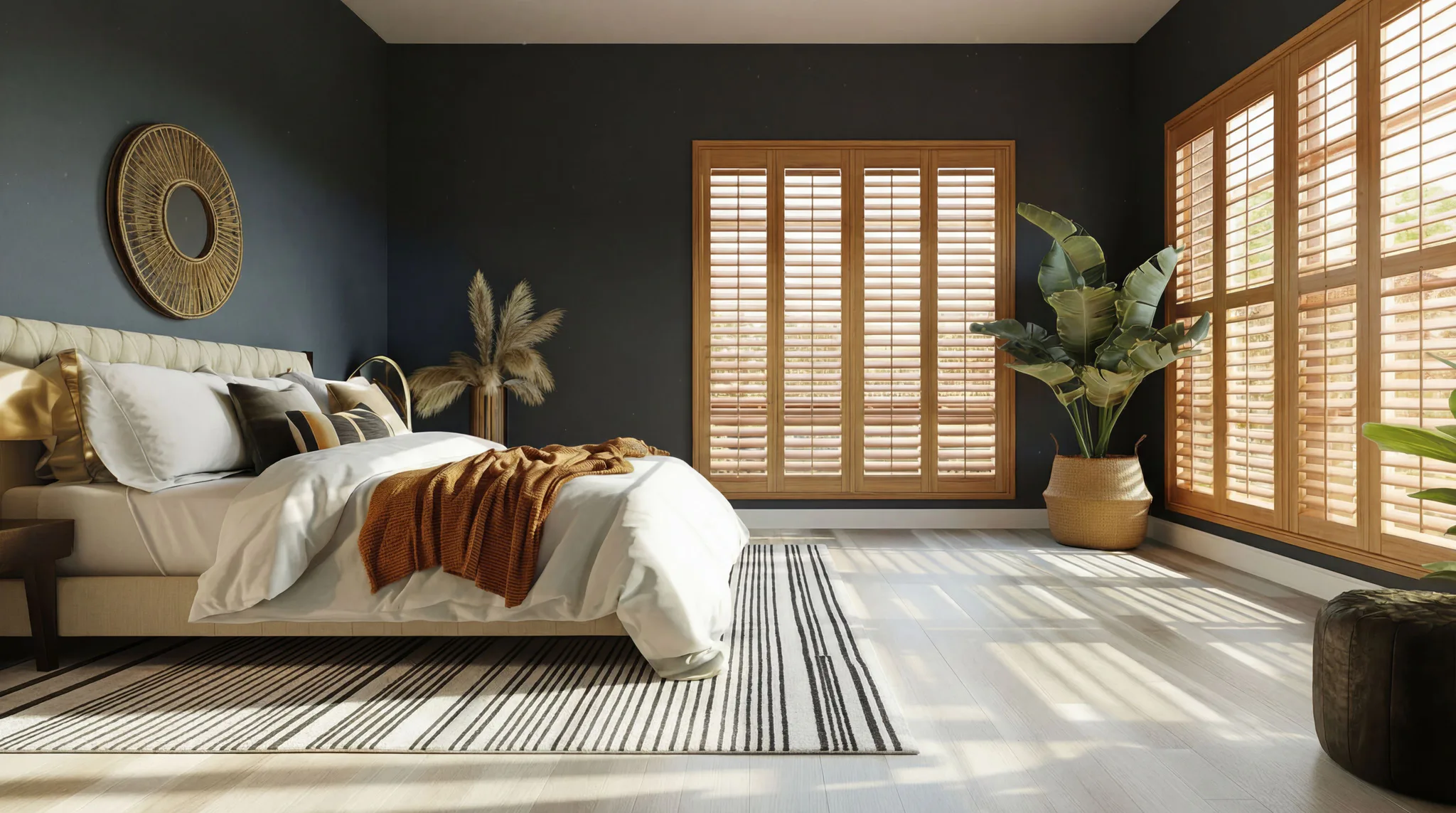 Bright modern bedroom featuring natural wood plantation shutters on large windows, white bedding with rust throw blanket, dark accent wall, and woven circular wall art