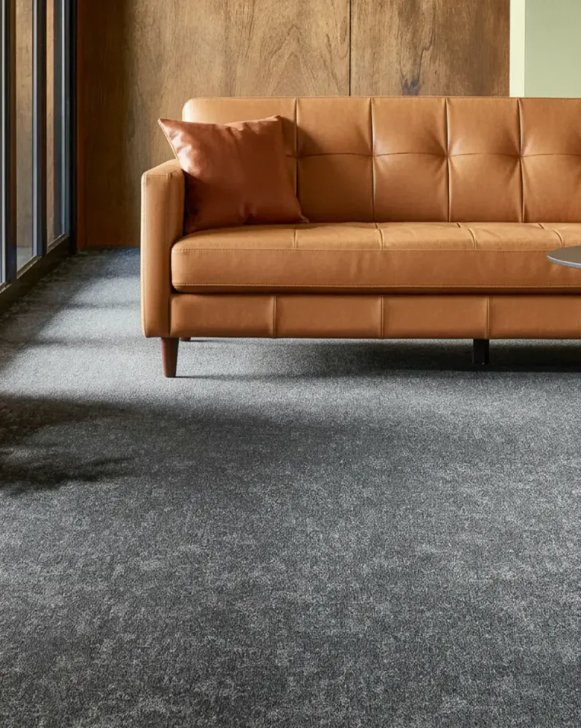 Contemporary tan leather sofa with quilted backrest and single throw pillow positioned on charcoal grey commercial carpet in modern office space with wooden wall paneling