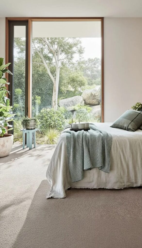 Serene bedroom featuring soft beige Triexta carpet, cream bed with herringbone throw blanket, potted plants, and large glass doors opening to lush garden landscape with white tree.