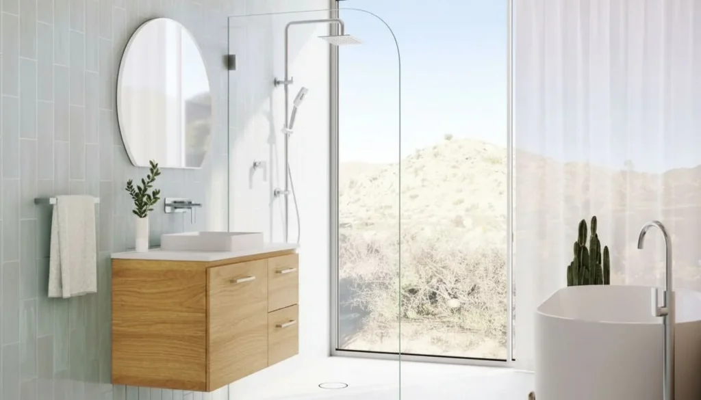 Contemporary bathroom featuring a frameless glass shower screen with chrome fixtures, wooden vanity with white basin, round mirror, white subway tile walls, and desert landscape view through large ...