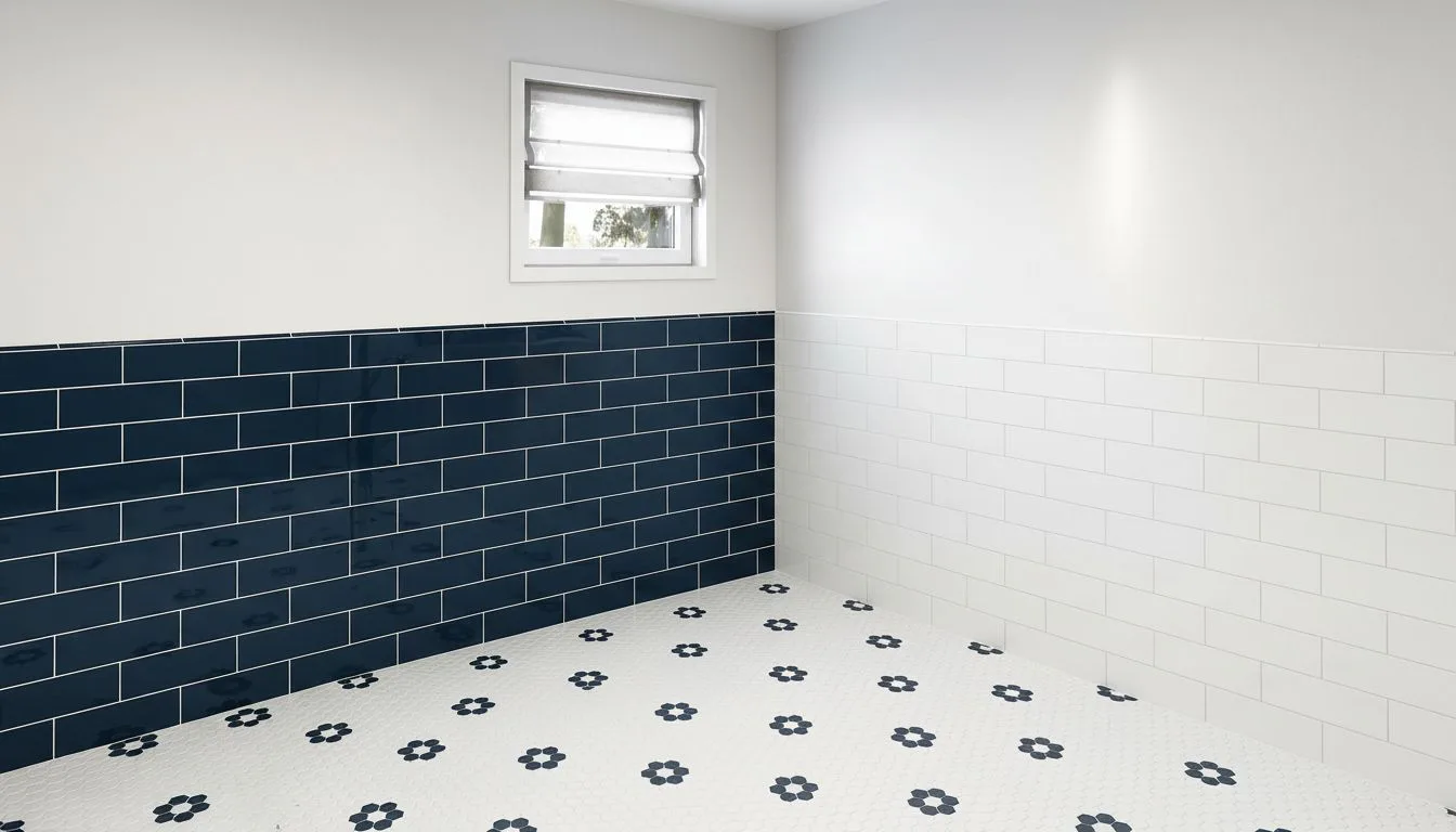 Contemporary bathroom interior featuring navy blue subway tile wainscoting on lower walls, white subway tile on upper walls, patterned black and white floor tiles, and a window with roller blinds.