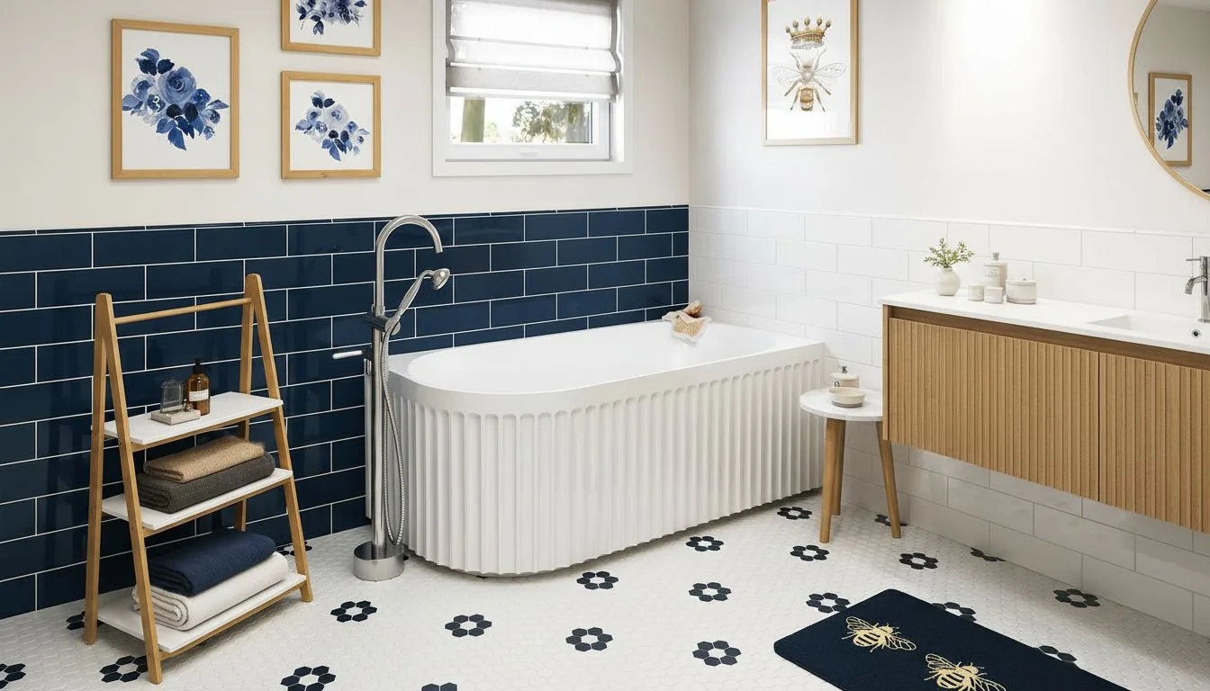Luxurious bathroom featuring a white freestanding bath, dark navy subway tile backsplash, wooden ladder shelf with towels, wood vanity, and patterned floor with black flowers.