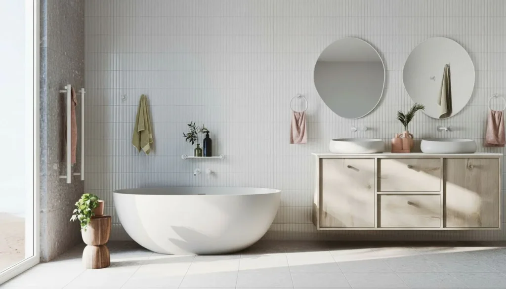 Contemporary bathroom featuring a white freestanding soaking tub, wooden vanity with dual vessel basins, circular mirrors, chrome fixtures, and white subway tile walls with potted plant.