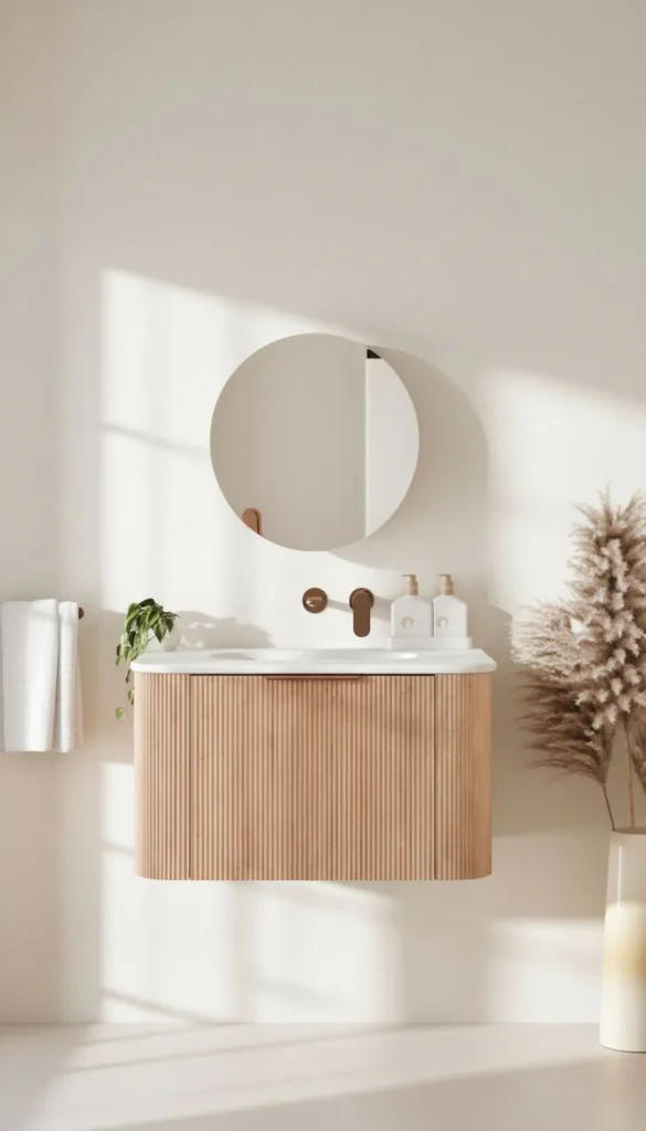 Contemporary bathroom vanity with vertical timber detailing and white countertop, round mirror above, bronze tapware, white basin, potted plant, towel rack, and dried pampas grass decoration.