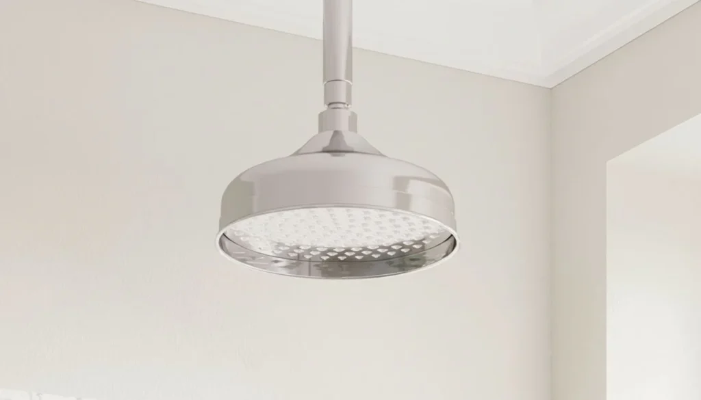 Brushed chrome ceiling-mounted shower head with rainfall design and perforated face plate, installed in a white bathroom with neutral walls and recessed ceiling lighting