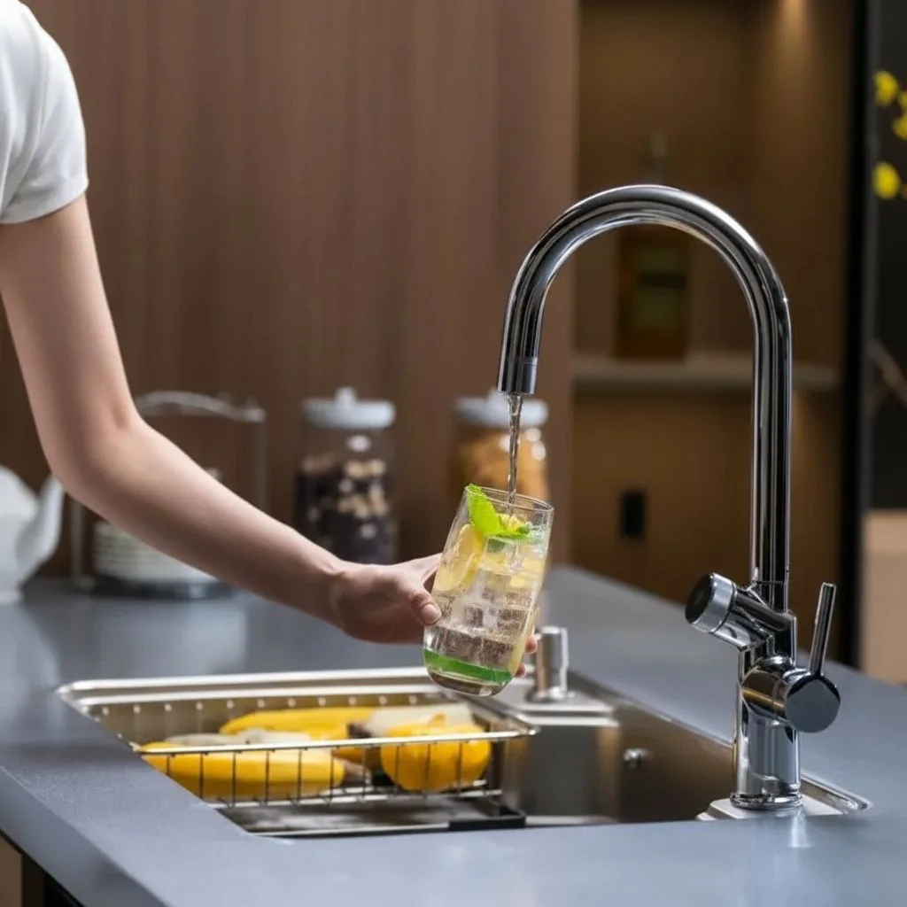 Person in white shirt filling a glass of water with ice and lime from a modern curved chrome kitchen tap above a stainless steel sink with yellow lemons in a strainer basket.