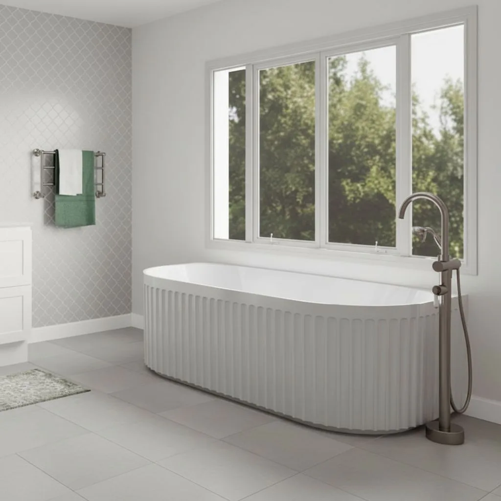 Modern bathroom featuring a white freestanding oval bathtub with vertical ribbed exterior, bronze floor-mounted faucet, large multi-panel windows overlooking trees, gray patterned wallpaper, towel ...