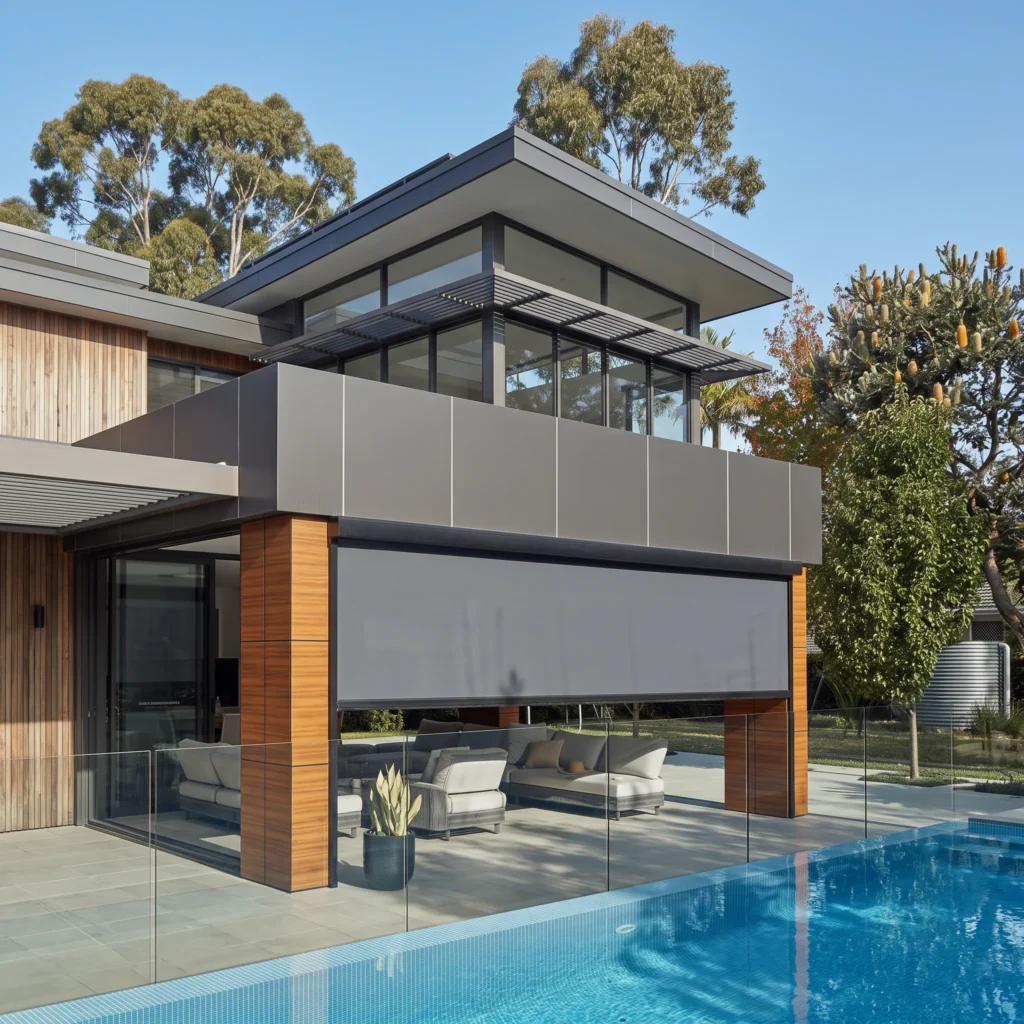 Contemporary two-story pool house featuring motorized gray awning over glass-enclosed patio, wooden accent pillars, integrated lounge seating, and swimming pool with glass fencing