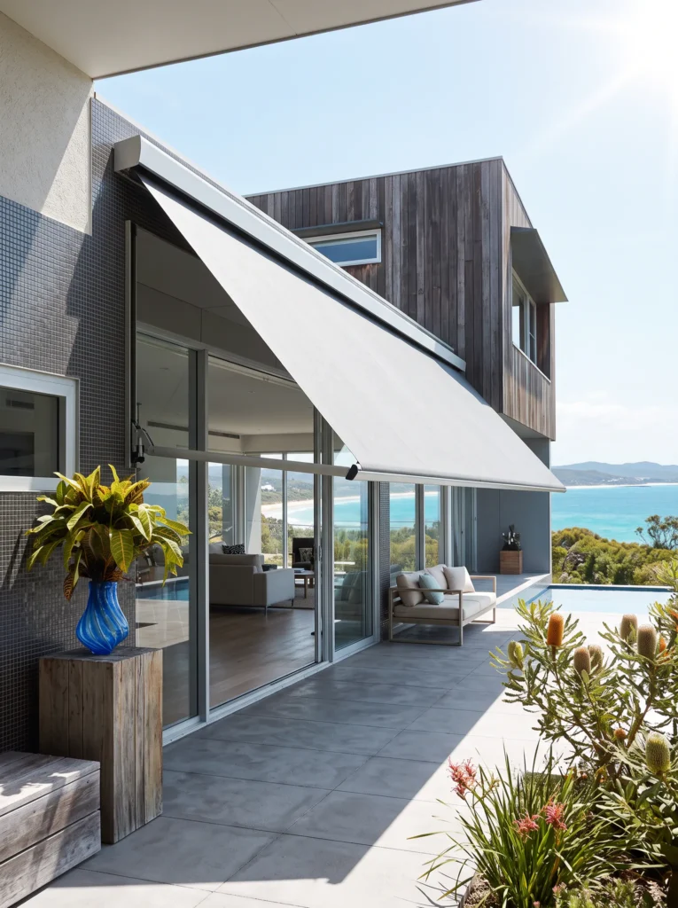 Contemporary coastal house with extended white retractable awning providing shade to outdoor patio, featuring ocean views, dark cladding, glass doors, potted plants, and infinity pool.