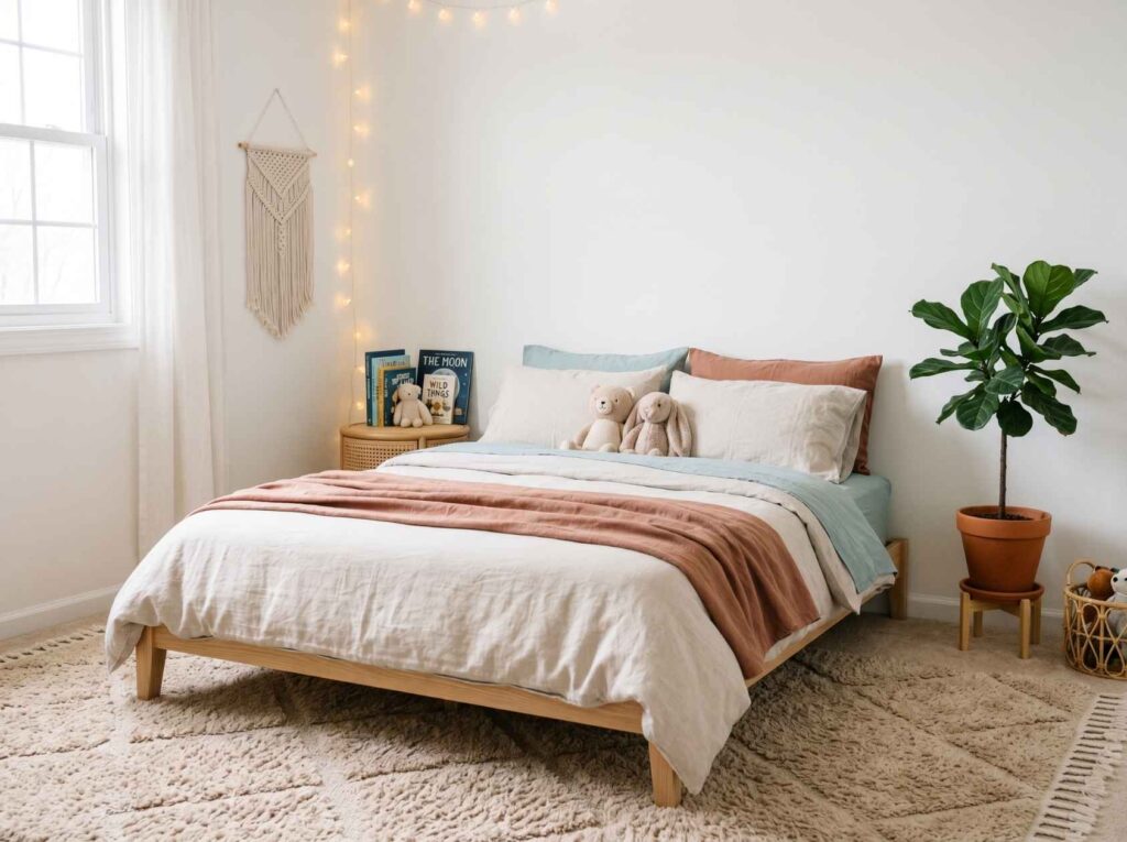 Serene bedroom featuring a wooden platform bed with layered neutral bedding, macramé wall hanging, string lights, stacked books on nightstand, potted fiddle leaf fig plant, plush area rugs, and sof...