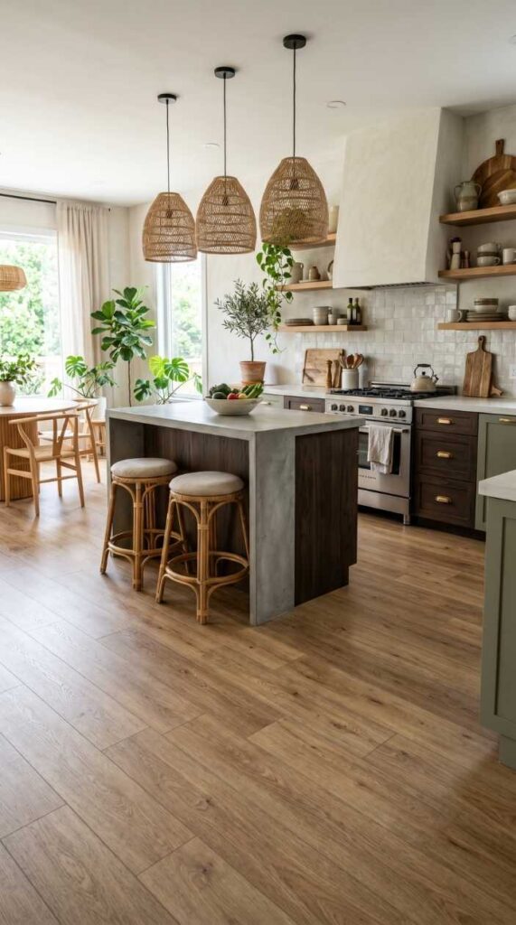 Bright modern boho kitchen featuring three woven rattan pendant lights above a concrete and dark wood island with natural wood bar stools, sage green cabinetry, white subway tile backsplash, wooden...
